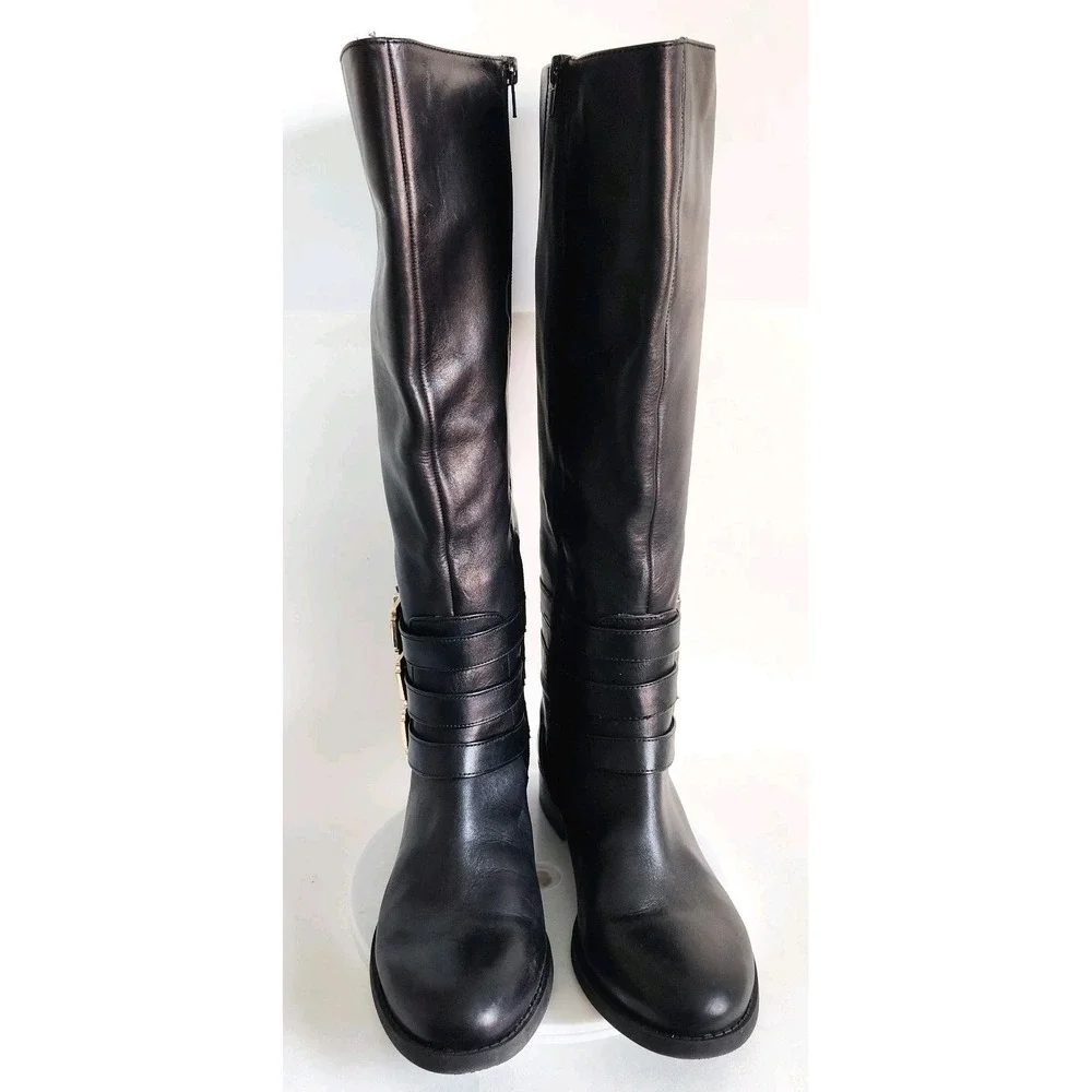 Inc Knee High Riding Boots Size‎ 8.5 Francy Black Wide Calf Leather Gold Buckles